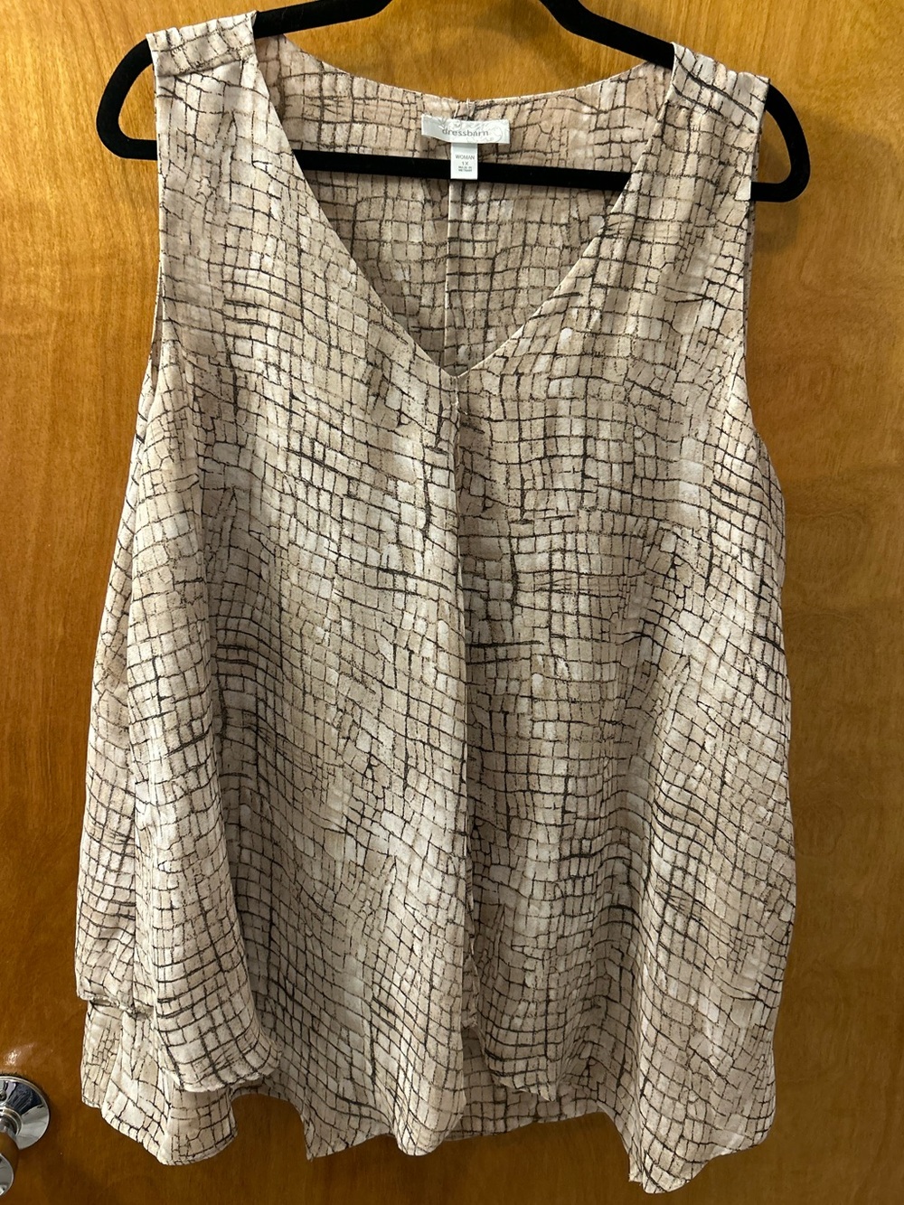 Dress Barn Beige Grid-Print V-Neck Sleeveless Top
